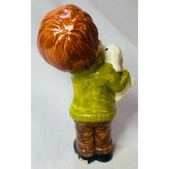Made In Japan Figurine Boy with Dog MCM Green Shirt Brown Hair Pants Vintage - Picture 3 of 9